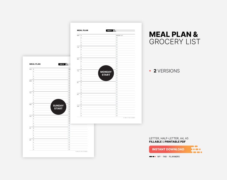 2 Versions:  version 1 - BSLSD (Breakfast, Snacks, Lunch, Snacks, Dinner) and version 2 - BLD (Breakfast, Lunch, Dinner) for Weekly Meal Plan & Grocery List Planner, Fillable Meal Idea Tracker, Grocery Checklist, Printable Letter, A4, A5 PDF Template