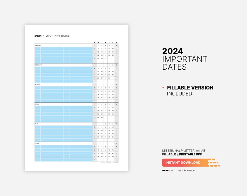 2024 Important Dates Calendar, Printable Birthday & Yearly Life Events