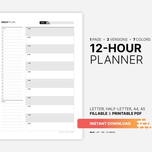 12-Hour Planner, Printable Hourly Work, Study Task Schedule, Fillable Daily Appointment Book, Simple Productivity To Do List PDF Template