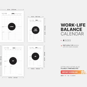 4 Paper Sizes: US Letter (8.5 x 11 in), US Half-Letter (5.5 x 8.5 in), A4 (210 x 297 mm), A5 (148 x 210 mm) for Monthly Work-Life Balance Calendar & Goal Action Plan, Task List, Fillable Numbers, Blank Printable PDF Template