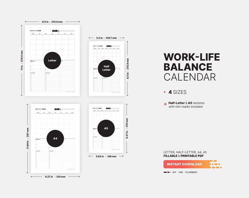 4 Paper Sizes: US Letter (8.5 x 11 in), US Half-Letter (5.5 x 8.5 in), A4 (210 x 297 mm), A5 (148 x 210 mm) for Monthly Work-Life Balance Calendar & Goal Action Plan, Task List, Fillable Numbers, Blank Printable PDF Template