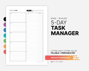 5-Day Task Manager, Weekly To-Do List, Fillable PDF Template