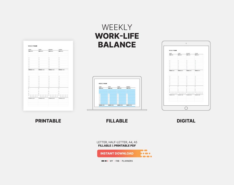 Printable, Fillable, Digital Download for Weekly Work-Life Balance Planner, Fillable Goal Mapping, Board, Task List Manager, To-Do Log, Menu, Printable Letter, A4, A5 PDF Template