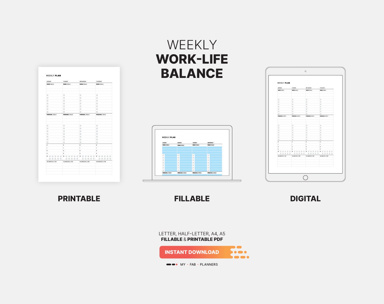 Weekly Worklife Balance Planner Fillable Goal Mapping Etsy
