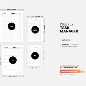 4 Paper Sizes: US Letter (8.5 x 11 in), US Half-Letter (5.5 x 8.5 in), A4 (210 x 297 mm), A5 (148 x 210 mm) for Weekly Task Manager Planner, Productivity To Do List Journal, Fillable Daily Work Checklist Tracker Template, Printable PDF