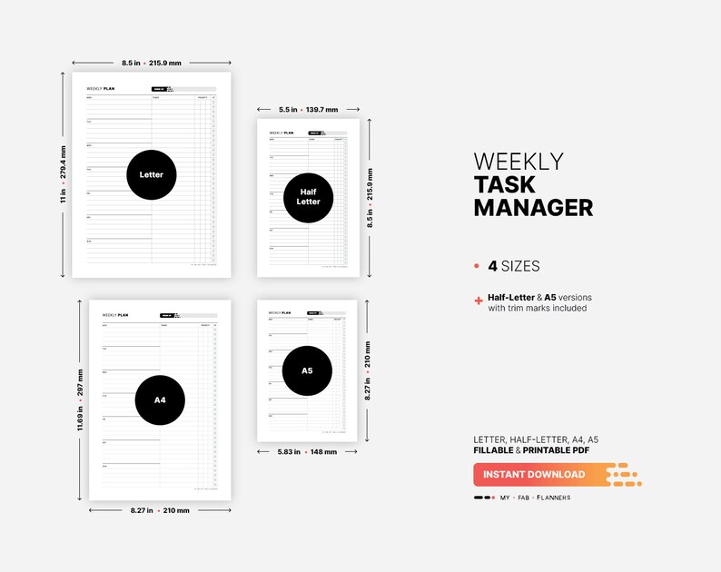 4 Paper Sizes: US Letter (8.5 x 11 in), US Half-Letter (5.5 x 8.5 in), A4 (210 x 297 mm), A5 (148 x 210 mm) for Weekly Task Manager Planner, Productivity To Do List Journal, Fillable Daily Work Checklist Tracker Template, Printable PDF