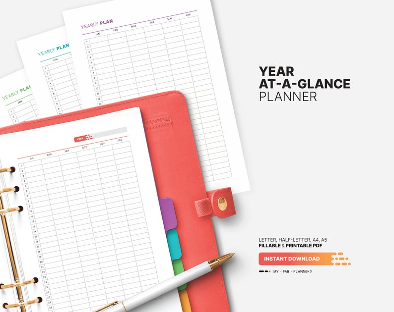 Year At-a-glance Planner, Undated & Digital Yearly Overview Template, Fillable Day Boxes, Printable Letter, Half-letter, A4, A5 PDF