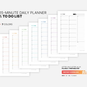 7 Color Variations Included: red, orange, green, teal, blue, purple, black for 15 Minute Daily Planner with To Do List Template, Fillable Time Slots Appointment Schedule, Undated Hourly Printable Letter, HL, A4, A5 PDF