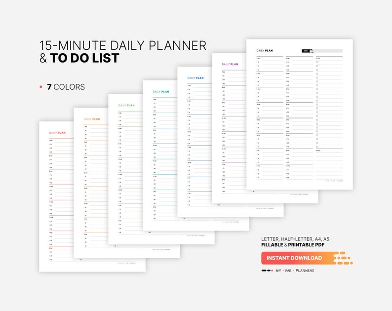 7 Color Variations Included: red, orange, green, teal, blue, purple, black for 15 Minute Daily Planner with To Do List Template, Fillable Time Slots Appointment Schedule, Undated Hourly Printable Letter, HL, A4, A5 PDF