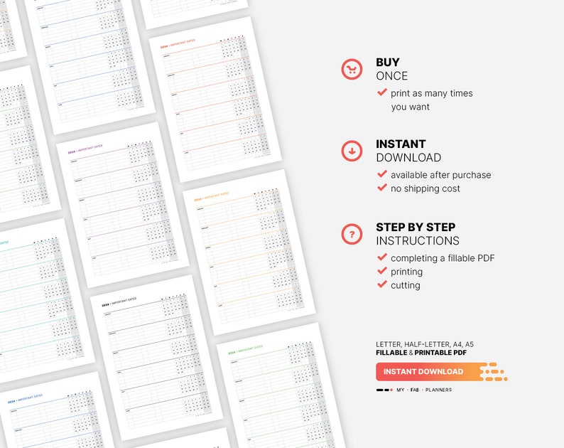 2024 Important Dates Calendar, Printable Birthday & Yearly Life Events