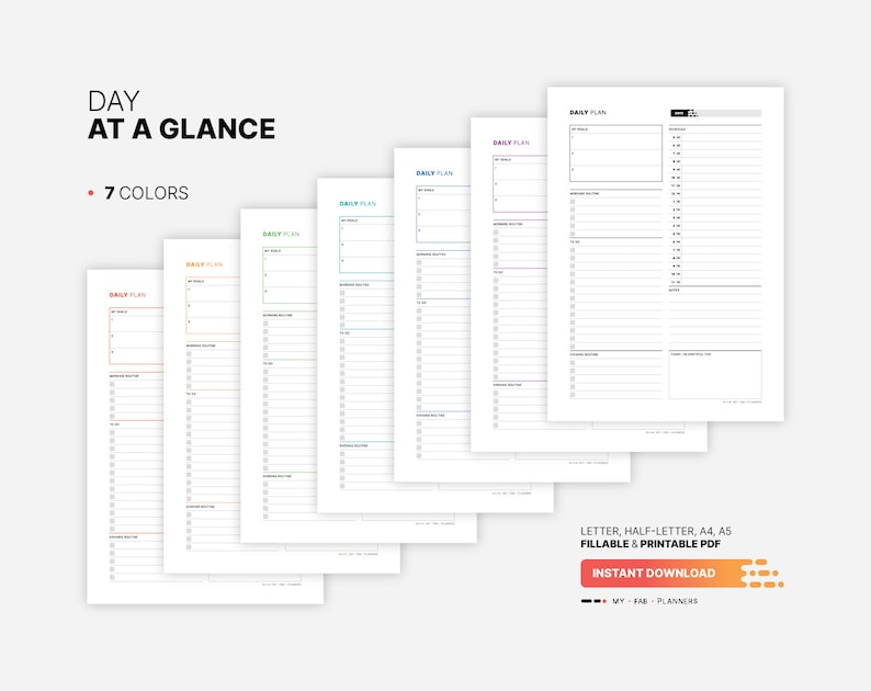 Day at a Glance, Printable Productivity Planner, Fillable Daily Goal ...