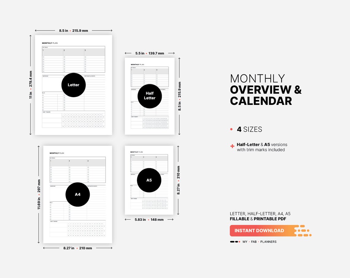 Monthly Overview, Printable Blank Calendar, Fillable Goal Setting