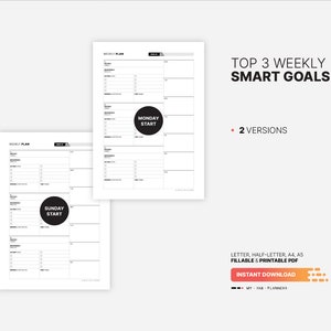 2 Versions:  Sunday and Monday Start for Top 3 Weekly SMART Goals with Action Plan, Goal List & Setting Printable Worksheet, Journal, Board, Fillable Letter, A4, A5 PDF Template