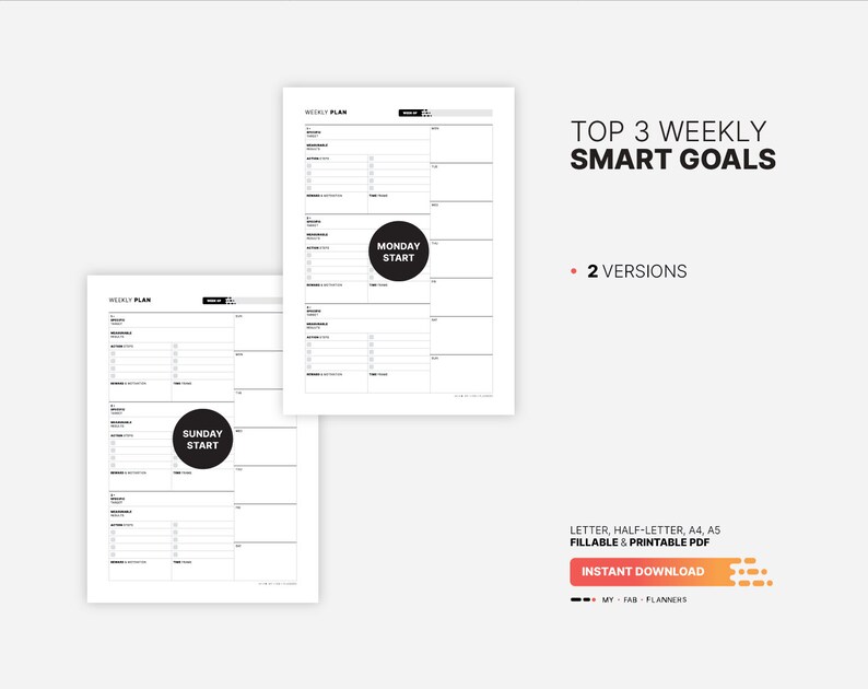 2 Versions:  Sunday and Monday Start for Top 3 Weekly SMART Goals with Action Plan, Goal List & Setting Printable Worksheet, Journal, Board, Fillable Letter, A4, A5 PDF Template