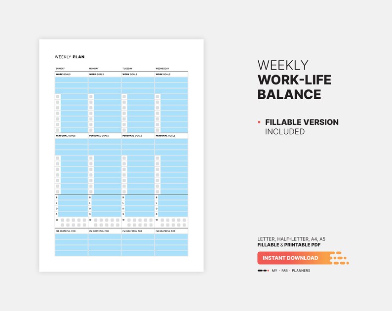 Weekly Work-life Balance Planner Fillable Goal Mapping | Etsy