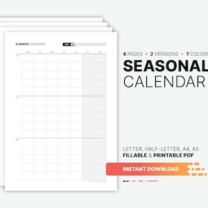 Seizoenskalender, 3 maanden zomer, herfst, herfst, winter, lenteplanner, multi-invulbare jaarsjabloon, afdrukbare helft, letter, A4, A5-pdf