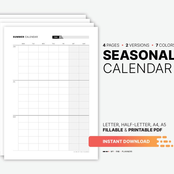 Seasonal Calendar, 3 Month Summer, Fall, Autumn, Winter, Spring Planner, Multi Fillable Year Template, Printable Half, Letter, A4, A5 PDF