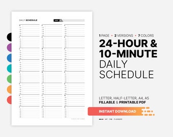 24-Hour Daily Schedule Planner, Fillable Hourly Organizer (PDF)