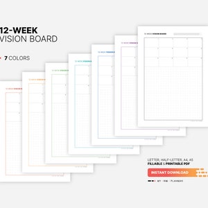7 Color Variations Included: red, orange, green, teal, blue, purple, black for 12 Week Vision Board, Fillable Goal Setting Overview Planner, Goals Action Plan Dashboard, Printable Letter, Half-size, A4, A5 PDF Template