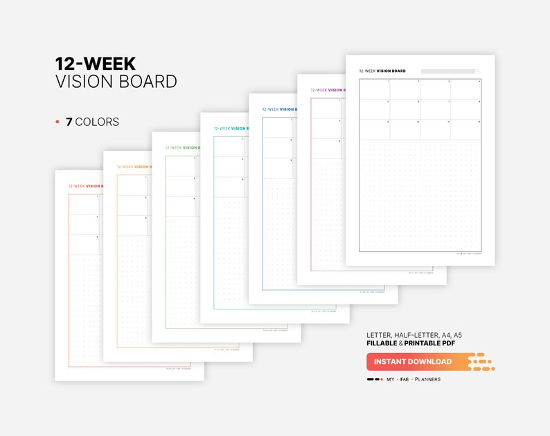 7 Color Variations Included: red, orange, green, teal, blue, purple, black for 12 Week Vision Board, Fillable Goal Setting Overview Planner, Goals Action Plan Dashboard, Printable Letter, Half-size, A4, A5 PDF Template