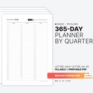 365-Day Quarterly Planner, Fillable PDF Template (8.5x11, 5.5x8.5, A4, A5)