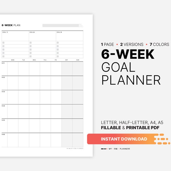 6-Week Goal Planner, Fillable Work & Productivity Tracker Calendar, Organization Dashboard, Printable Letter, Half-size, A4, A5 PDF Template