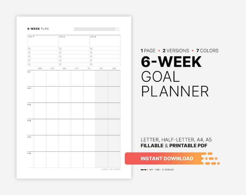6-Week Goal Planner, Fillable Work & Productivity Tracker Calendar, Organization Dashboard, Printable Letter, Half-size, A4, A5 PDF Template