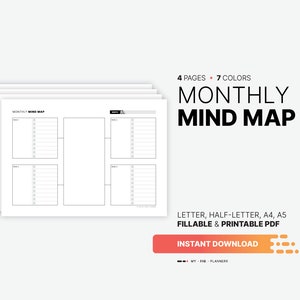 Mapa mental mensual, lista imprimible de tareas semanales, planificador visual de objetivos de proyecto rellenable, plan de acción de ideas de lluvia de ideas, plantilla PDF sencilla