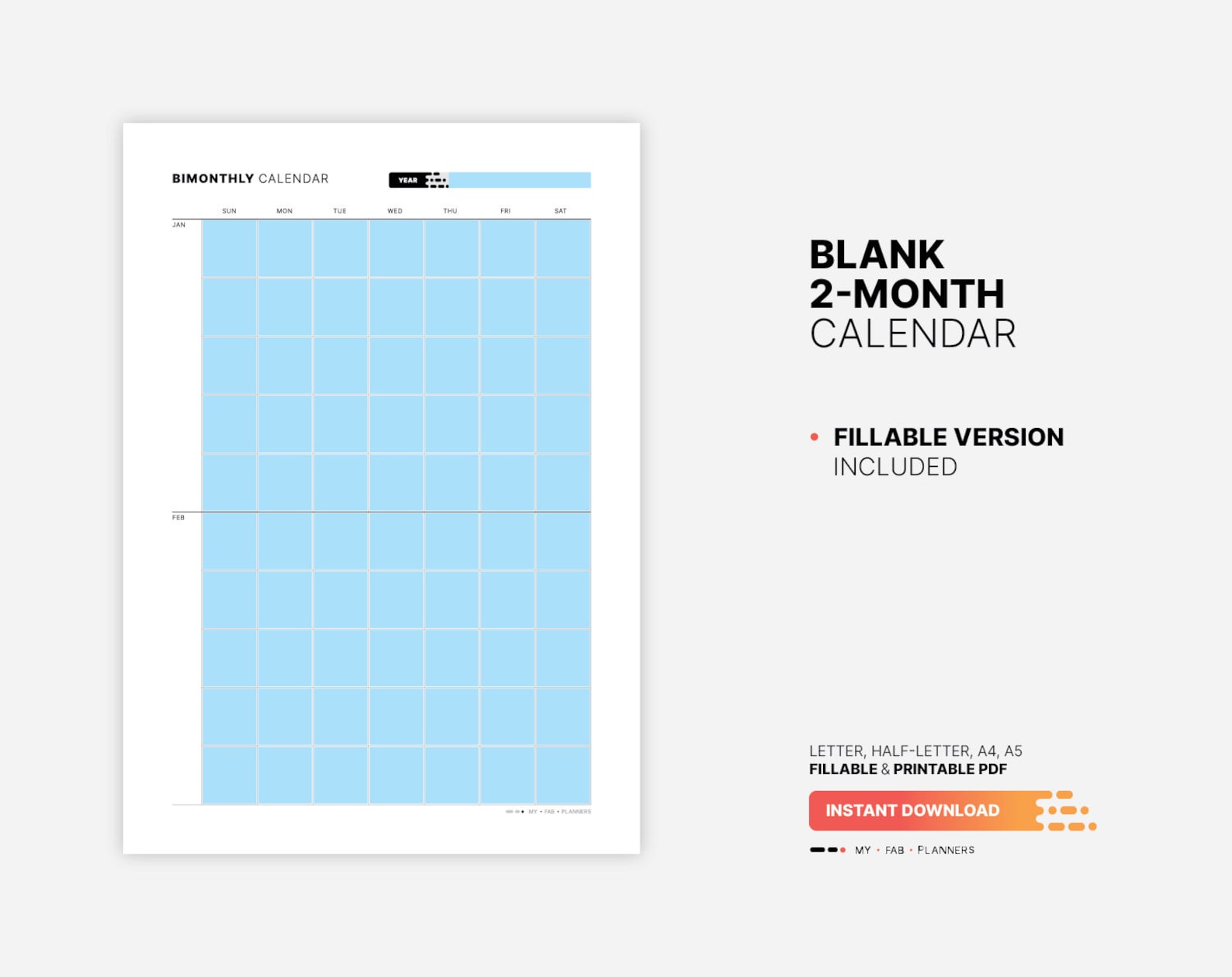 Blank 2-month Calendar, Printable Undated Monthly Productivity Planner ...