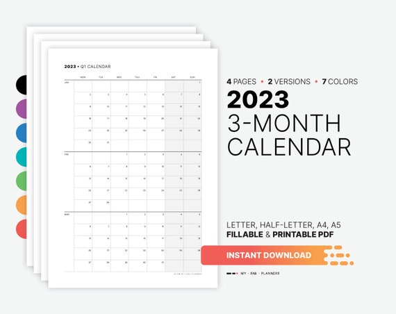 2023 3-month Calendar Yearly Quarterly & Monthly Fillable - Etsy