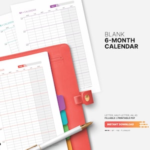 Blank 6-month Calendar, Yearly Semester Wall Calendar, Fillable Year ...