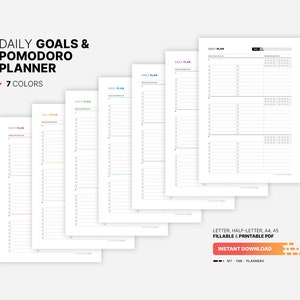 7 Color Variations Included: red, orange, green, teal, blue, purple, black for Daily Goal Setting & Planner, Pomodoro Tracker, Fillable Work Action Plan, Worksheet, Log, Organizer, Printable Letter, A4, A5 PDF Template
