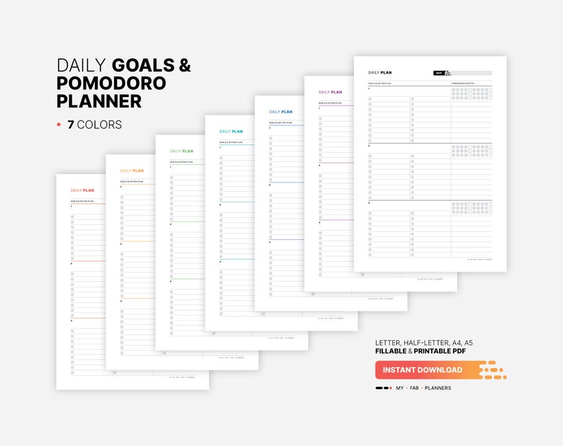 7 Color Variations Included: red, orange, green, teal, blue, purple, black for Daily Goal Setting & Planner, Pomodoro Tracker, Fillable Work Action Plan, Worksheet, Log, Organizer, Printable Letter, A4, A5 PDF Template