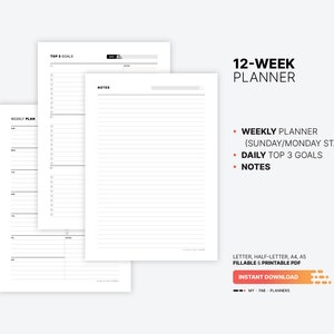 Included Pages: Weekly Planner (Sunday and Monday Start), Daily Top 3 Goals, Notes for 12 Week Planner, Vision Board Overview, Productivity Calendar, Daily Fillable Goal Tracker Template, Printable Half-size, Letter, A4, A5 PDF