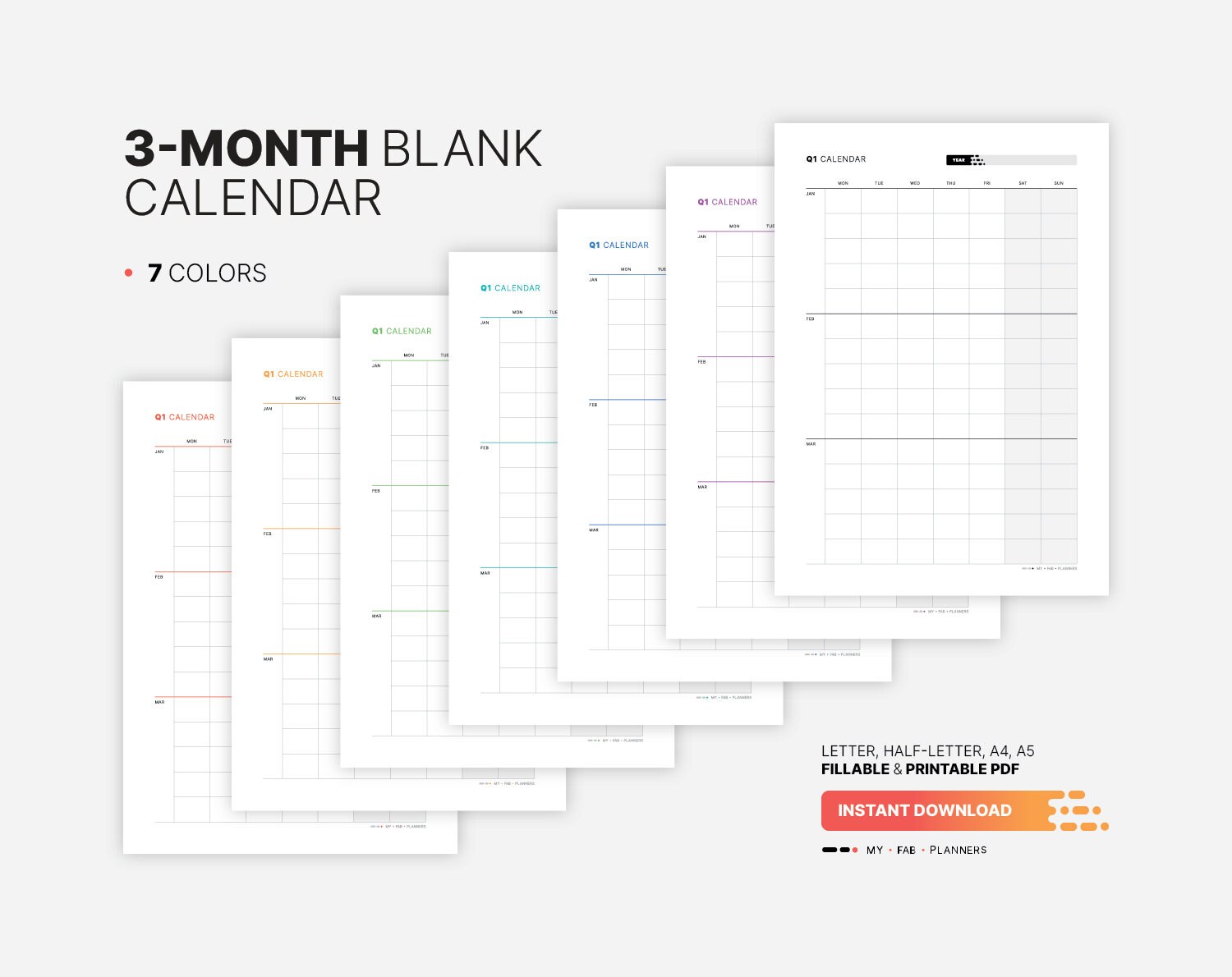 Yearly 3-month Calendar, Quarterly Fillable Planner Template, Yearly &  Monthly Wall Calendar, Printable Letter, Half-letter, A4, A5 PDF - Etsy