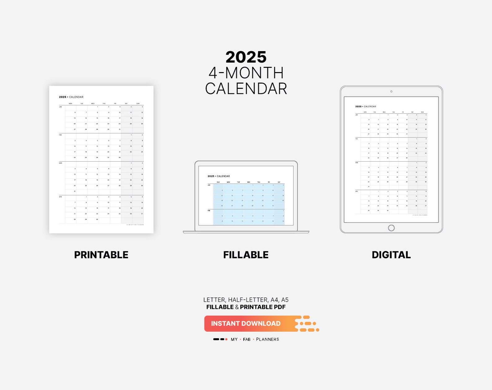 2025 4month Calendar, Fillable Dream Life & Work Productivity Goals, Printable Small Business