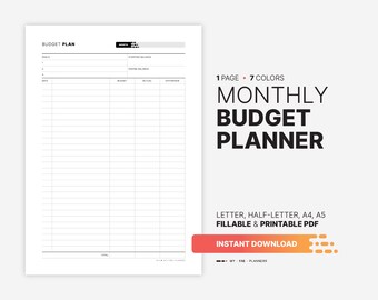 Monthly Budget Planner, Fillable PDF Template (A4, A5, Letter)