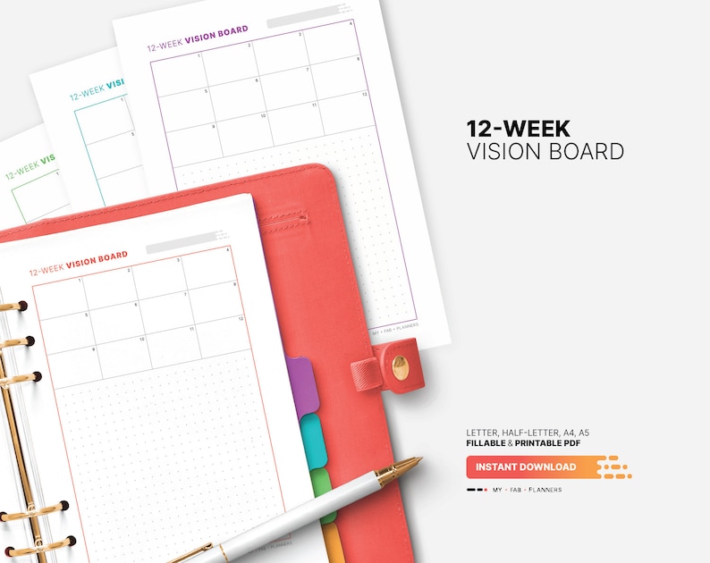 12 Week Vision Board, Fillable Goal Setting Overview Planner, Goals Action Plan Dashboard, Printable Letter, Half-size, A4, A5 PDF Template