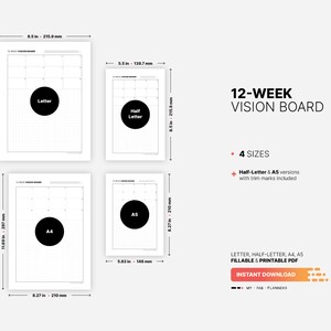 4 Paper Sizes: US Letter (8.5 x 11 in), US Half-Letter (5.5 x 8.5 in), A4 (210 x 297 mm), A5 (148 x 210 mm) for 12 Week Vision Board, Fillable Goal Setting Overview Planner, Goals Action Plan Dashboard, Printable PDF Template