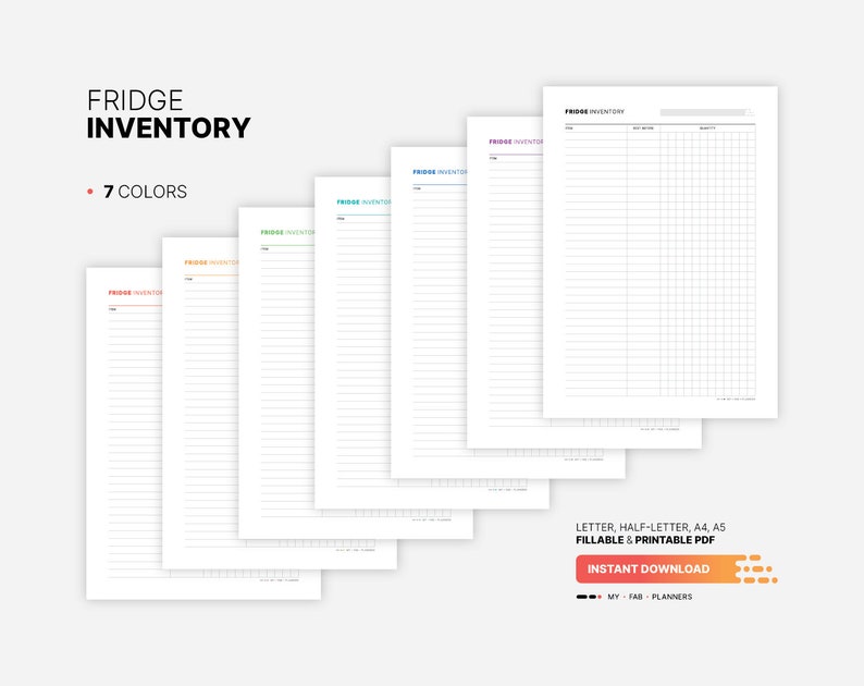 7 Color Variations Included: red, orange, green, teal, blue, purple, black for Fridge Inventory, Kitchen Storage Organization Planner, Food and Meal Storage List, Tracker, Organizer, Fillable Letter, A4, A5 PDF Template
