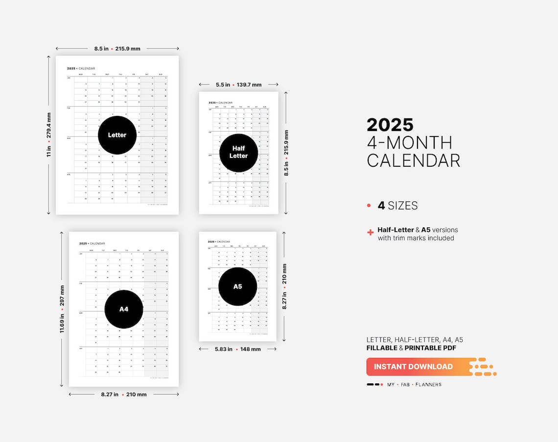 2025 4month Calendar, Fillable Dream Life & Work Productivity Goals, Printable Small Business