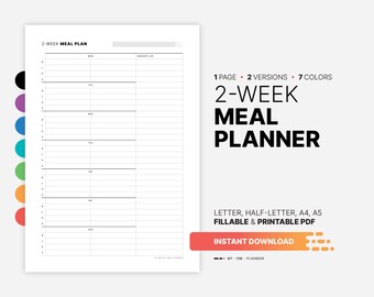 2-Week Meal Planner, Fillable Family Tracker (PDF Template)