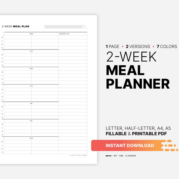 2-Week Meal Planner, Grocery List, Printable Biweekly Healthy Prep Plan, Fillable Daily Family Tracker, Half-, Letter, A4, A5 PDF Template