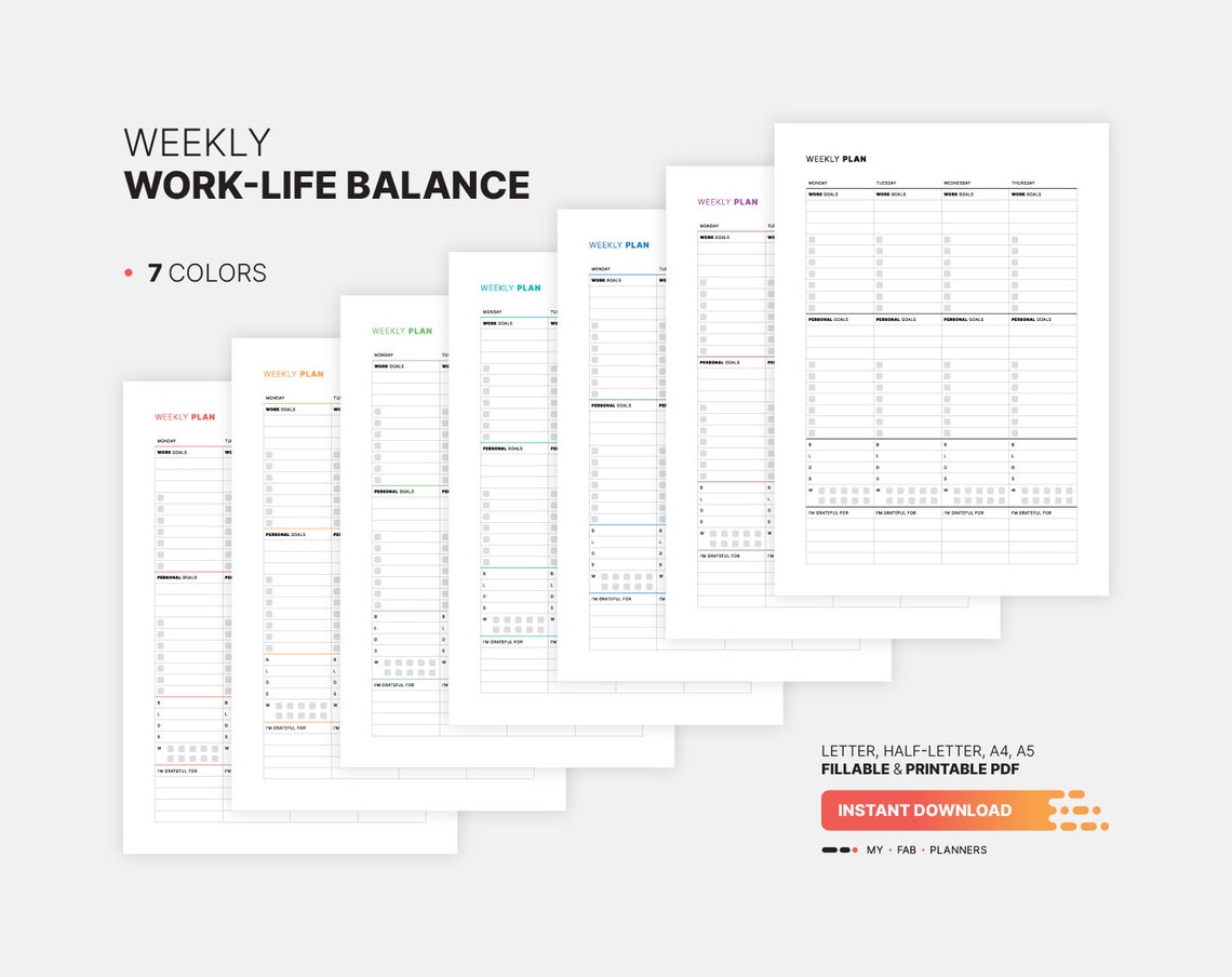Weekly Worklife Balance Planner Fillable Goal Mapping Etsy