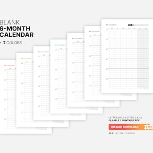 Blank 6-month Calendar, Yearly Semester Wall Calendar, Fillable Year ...