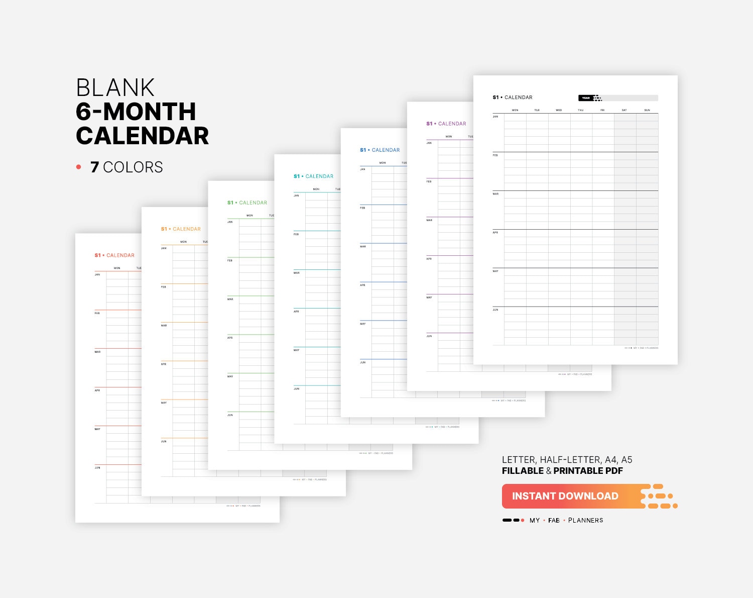 Blank 6-month Calendar, Yearly Semester Wall Calendar, Fillable Year ...