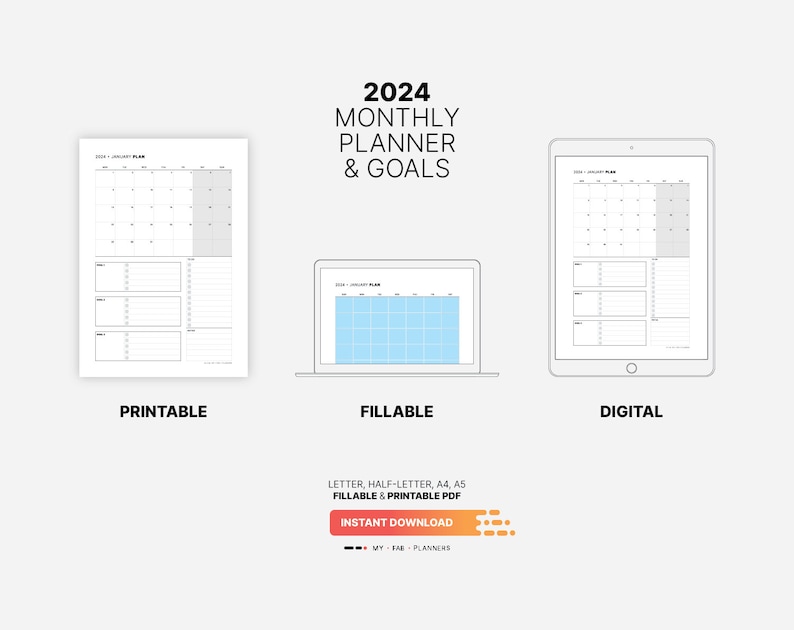 2024 Monthly Planner & Goals Template, Fillable Goal Setting, Mapping