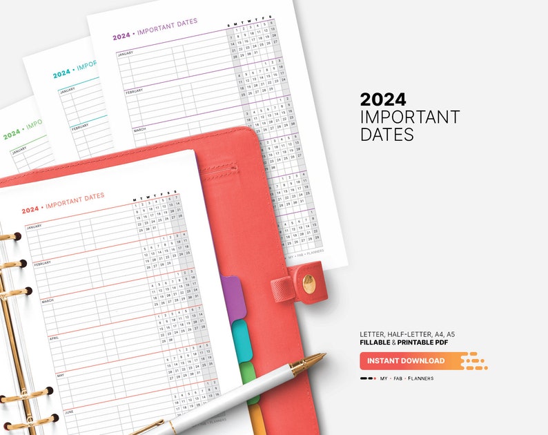 2024 Important Dates Calendar, Printable Birthday & Yearly Life Events