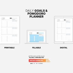 Printable, Fillable, Digital Download for Daily Goal Setting & Planner, Pomodoro Tracker, Fillable Work Action Plan, Worksheet, Log, Organizer, Printable Letter, A4, A5 PDF Template