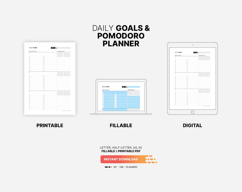 Printable, Fillable, Digital Download for Daily Goal Setting & Planner, Pomodoro Tracker, Fillable Work Action Plan, Worksheet, Log, Organizer, Printable Letter, A4, A5 PDF Template